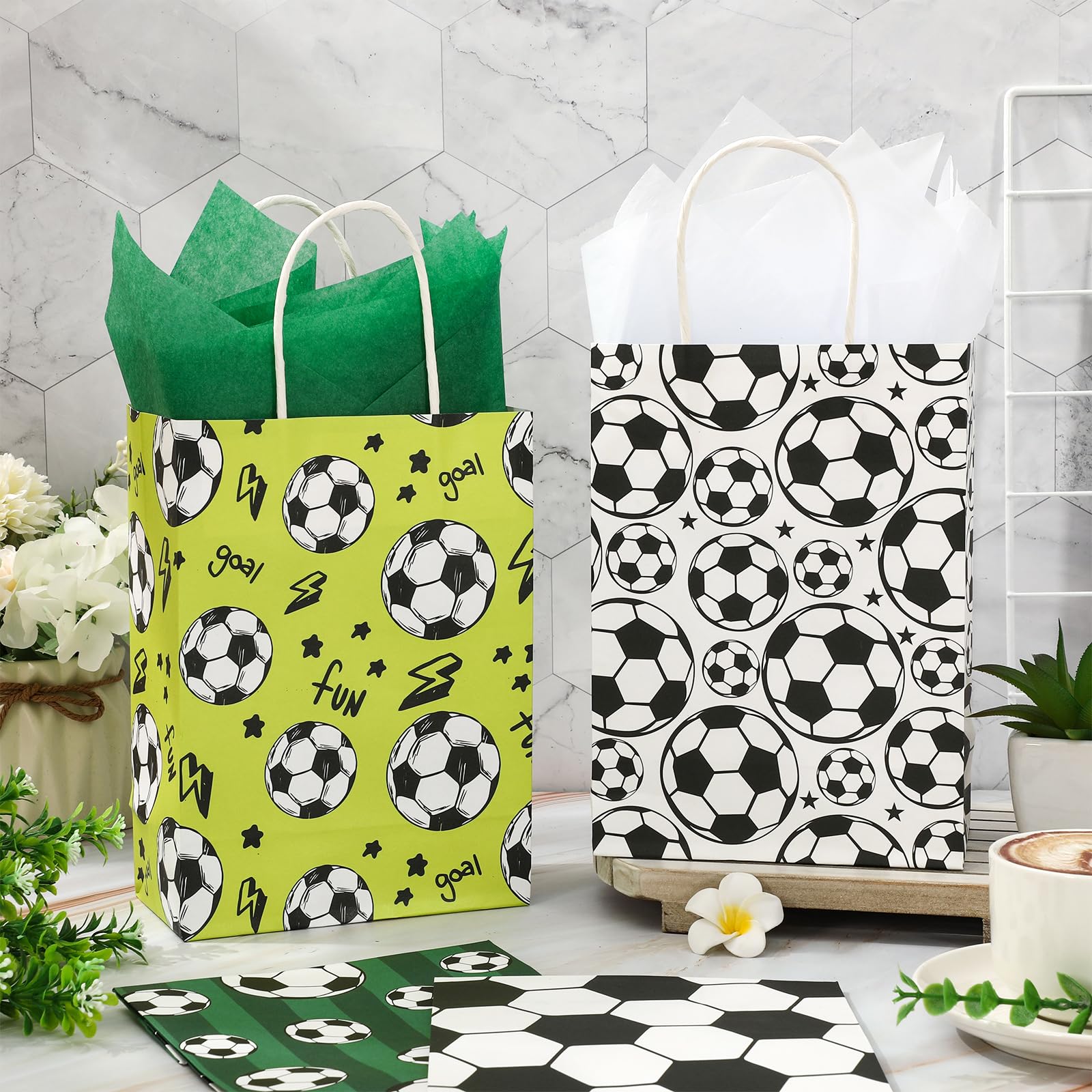 Whaline 24Pcs Soccer Paper Gift Bags with Handles Sports Party Favor Bags Soccer Ball Print Candy Goodie Treat Bags for Game Day Sports Events Birthday Party Supplies