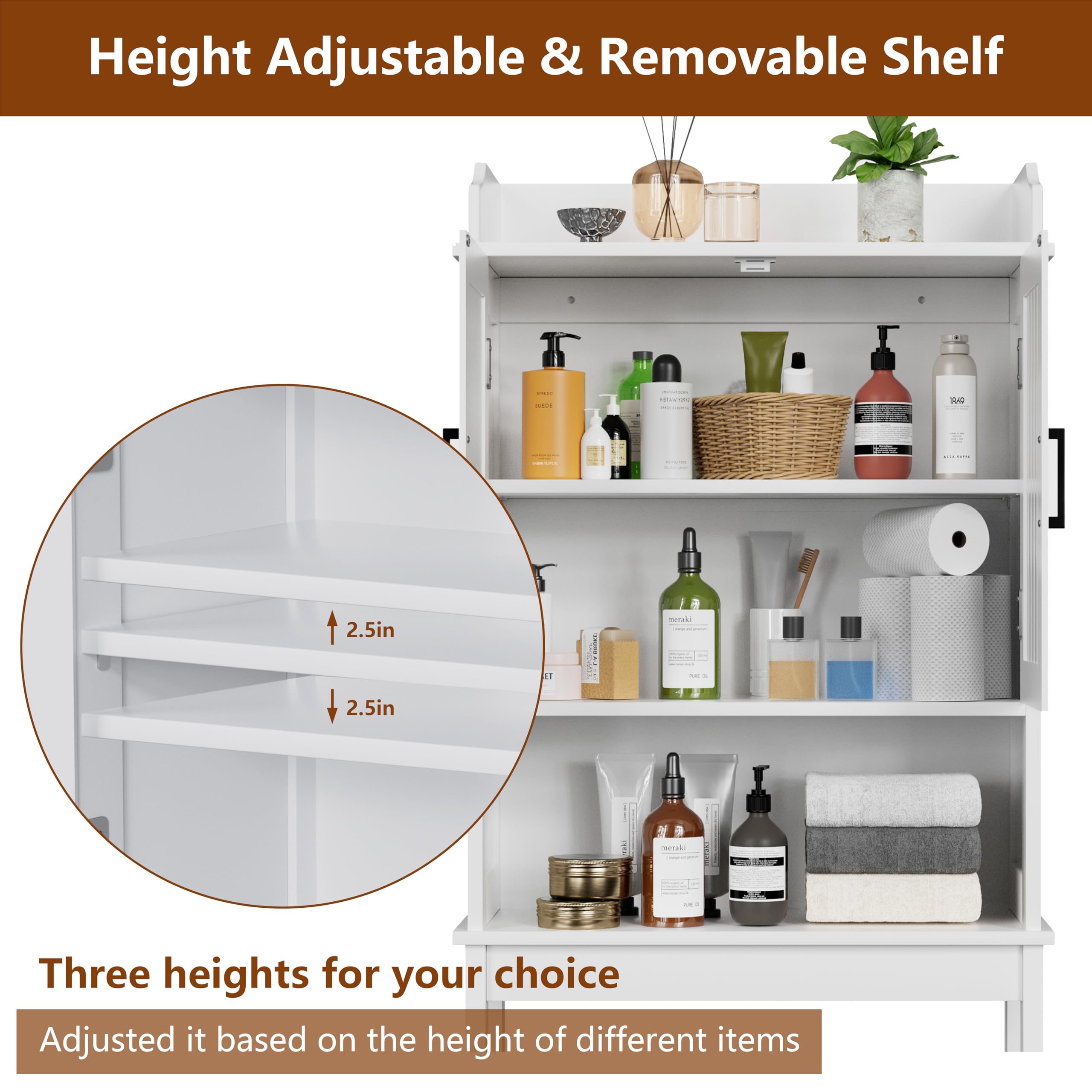 Yardenaler Over-The-Toilet Storage Shelf with Doors, Bathroom Freestanding Space Saver Organizer with Adjustable Shelf, White