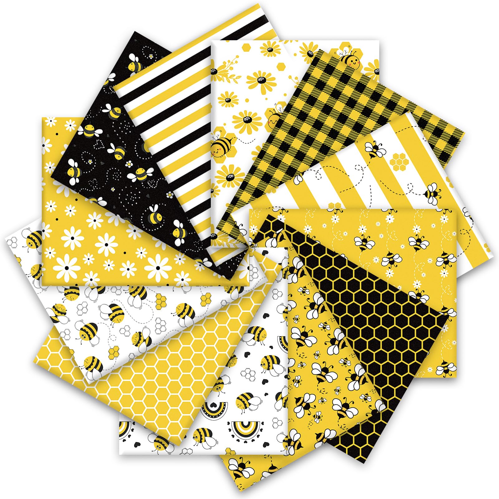 JarThenaAMCS 12Pcs Summer Cotton Fabric Bundles Bee Honeycomb Daisy Rainbow Plaid Fat Quarters Yellow Black Sewing Fabrics for DIY Crafts Party Decor