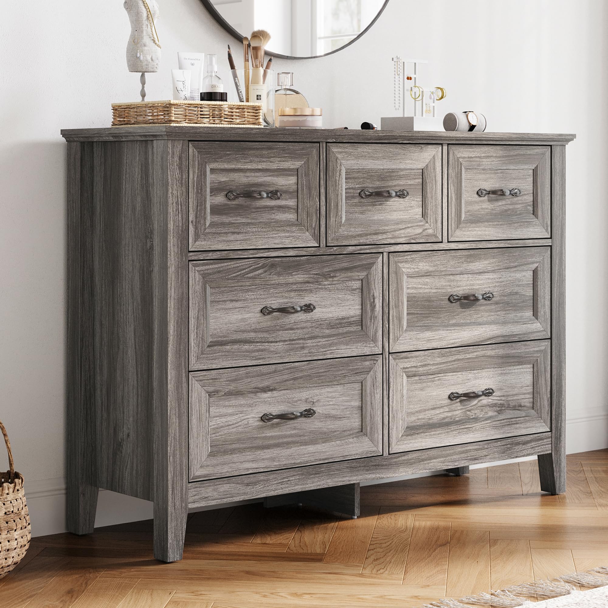 LINSY HOME Farmhouse 7-Drawer Dresser - Grey Chest of Drawers for Bedroom and Living Room Organization, Wood Dresser with Ample Storage Space and Rustic Charm