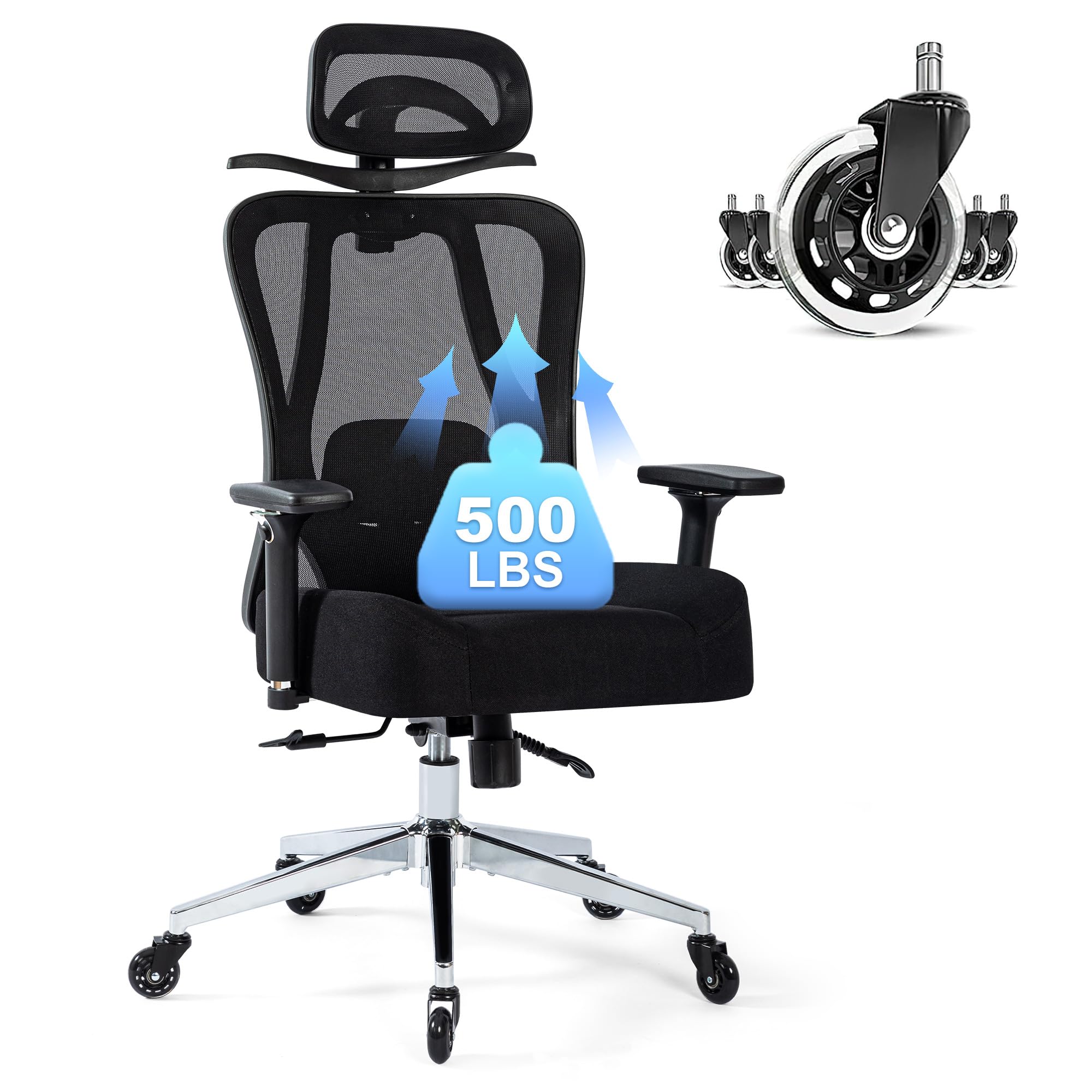 Office Chair 500lbs Ergonomic Mesh Desk Chair for Heavy People, Heavy Duty Office Chair with Wide Thick Seat Cushion, 4D Armrest, Adjustable Headrest & Lumbar Support Computer Chair