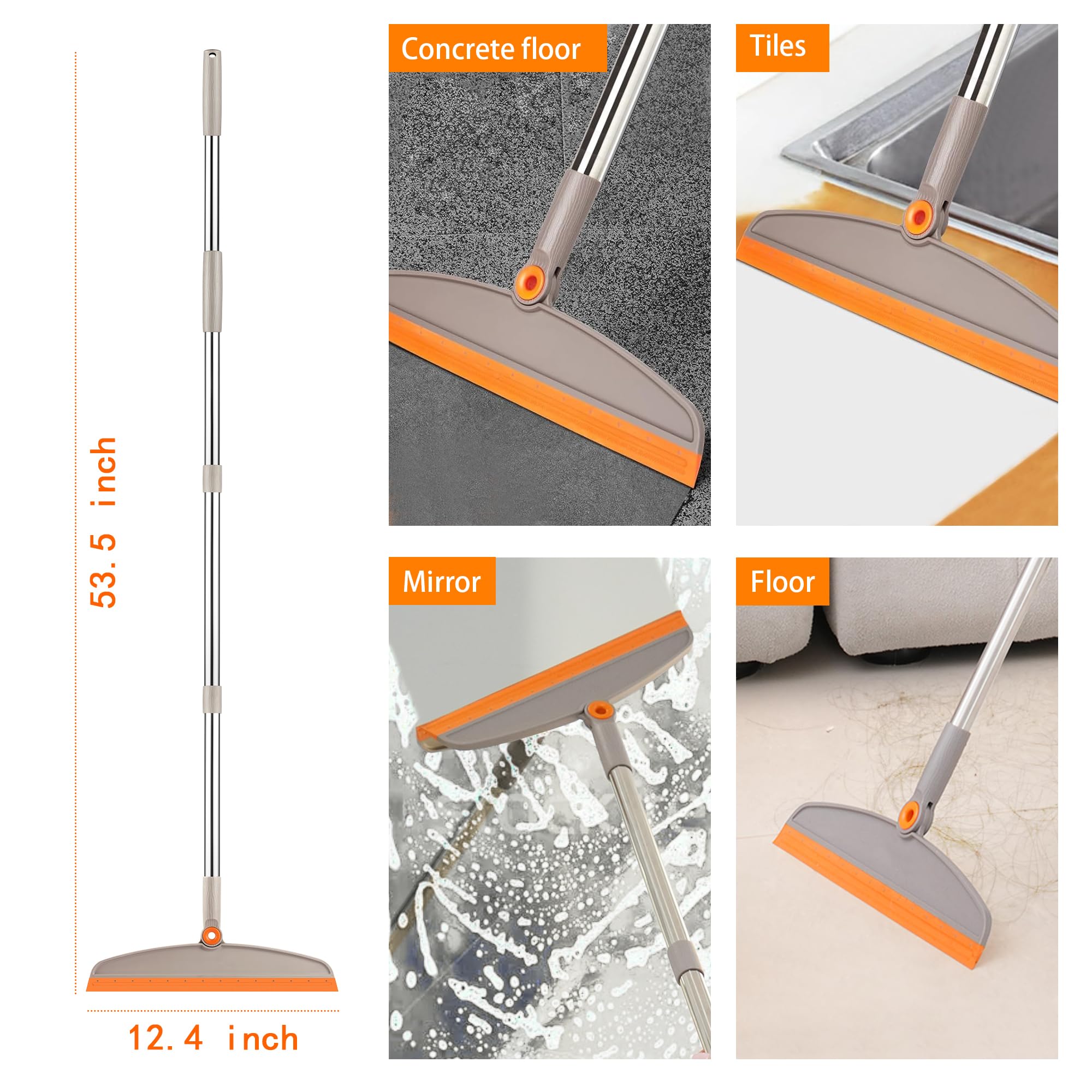 Silicone Broom for Indoor Cleaning Floor Squeegee Scrubber Adjustable Telescopic Pole Professional 180° Rotatable Magic broom for Tile Floor Garage Deck Bathroom Window Floor Wiper