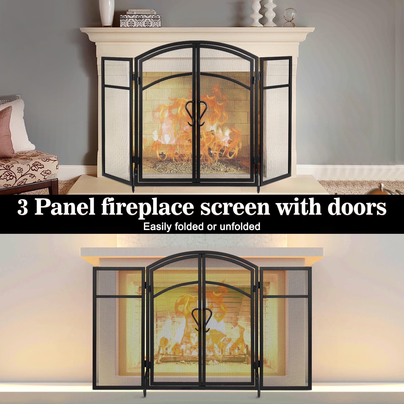 Gtongoko 3 Panel Fireplace Screen with Doors 51" W x 32" H Wrought Iron Extra Large Fireplace Screen Decorative Fire Spark Guard Grate for Living Room Home Decor - Black