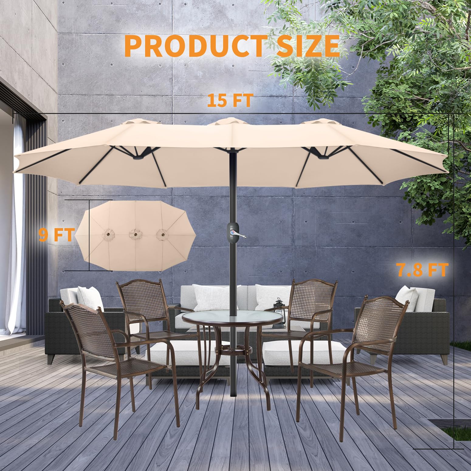 15ft Large Patio Umbrella, Outdoor Double-Sided Market Umbrella with Crank Handle, Patio Table Umbrella, Pool Umbrella, Brown