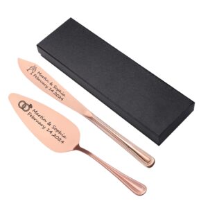 yoption personalized cake cutting set for wedding, custom stainless steel cake knife and server set, vintage pie cake cutter serving set for bridal anniversary birthday graduation gift (rose gold)