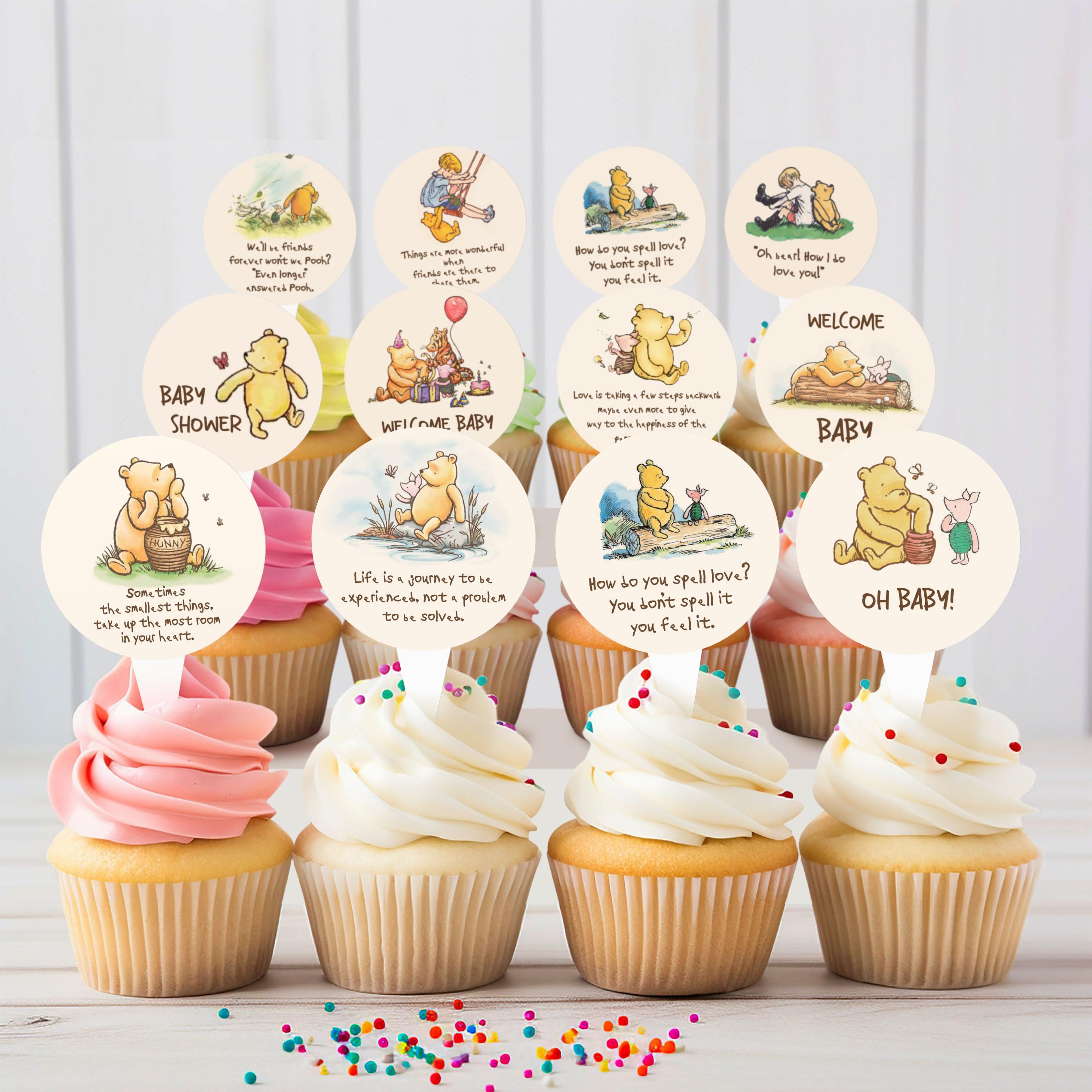 WEECUTES® Winnie Baby Shower Decorations Cupcake Toppers Classic Pooh Quotes 1 st Birthday Party Supplies For Kids Dessert Favor Cake Decor 48 Pcs