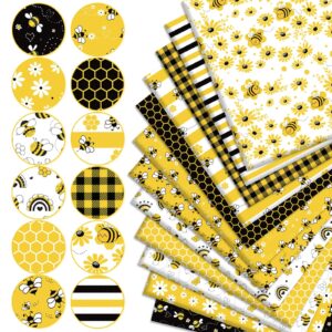 JarThenaAMCS 12Pcs Summer Cotton Fabric Bundles Bee Honeycomb Daisy Rainbow Plaid Fat Quarters Yellow Black Sewing Fabrics for DIY Crafts Party Decor