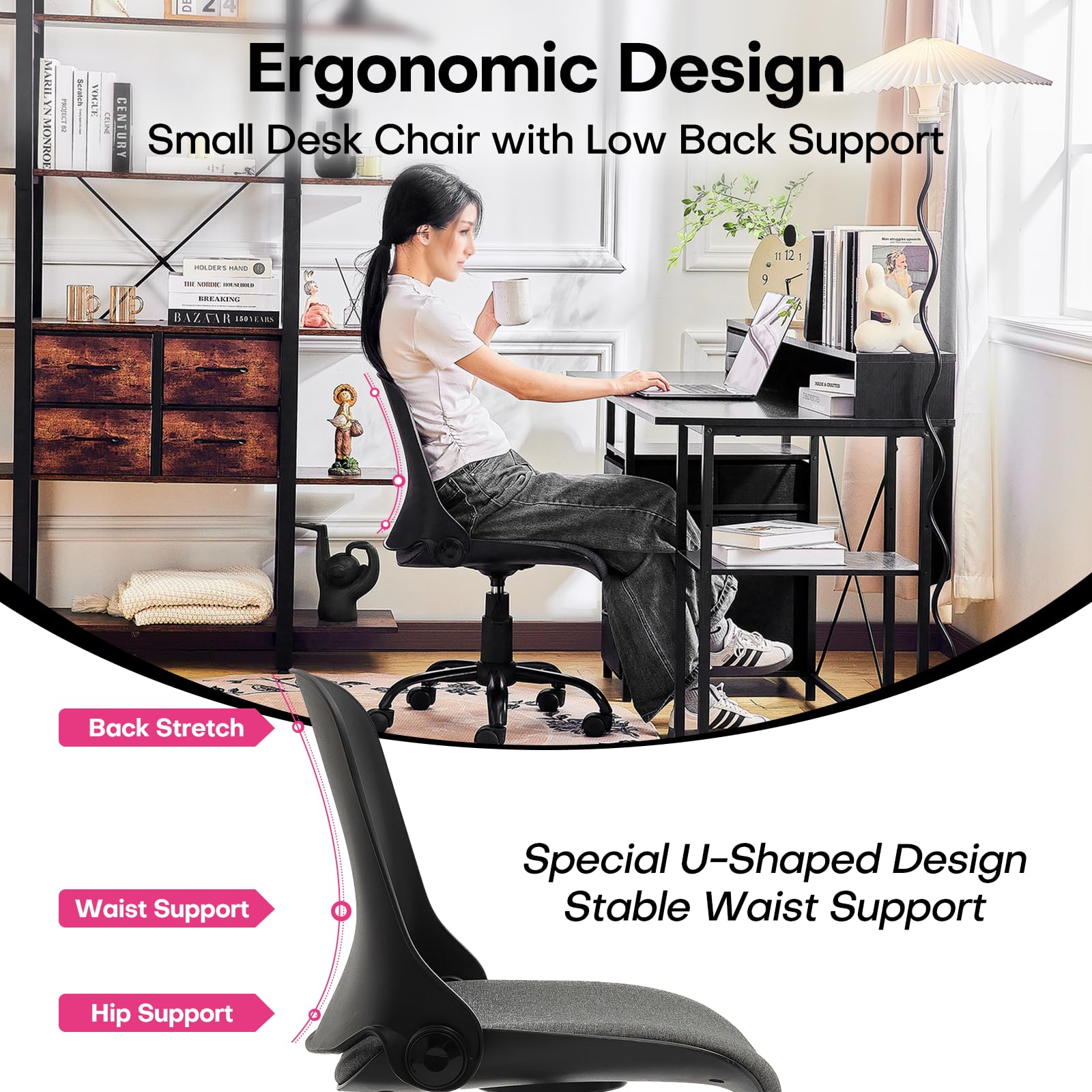 Redlife Small Desk Chairs for Small Spaces, Folding Office Chair, Ergonomic Office Chair Foldable Desk Chair Swivel Chair for Desk, Height Adjustable Folding Office Chair for Home Office (Black)