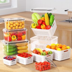 8-Pack Fruit Storage Containers for Fridge, Leakproof Fruit Containers for Fridge with Colanders, BPA-Free Produce Storage Containers with Lids Keep Fruits, Vegetables, Berry, Meat Fresh longer