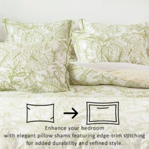 LEMIROE 100% Cotton Duvet Cover Queen Size,Botanical Design with Green Tropical Leaves on White,Beige Reversible Bed Sets 3Pcs,Button Closure