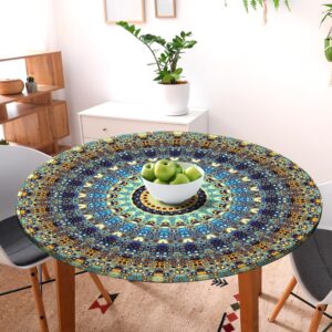 Round Fitted Tablecloth with Elastic Round Outdoor Tablecloths Fitted Table Covers for Round Tables Waterproof Reusable Vinyl Table Cloth for Indoor and Outdoor (Teal, S-(36''-44''))