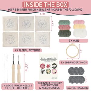 Punch Needle Kit – 6 Floral Design Punch Needle Embroidery Kit w/Monk Cloth, Embroidery Hoop, Yarn & More - Essential Punch Needle Supplies for Crafters - Ideal Punch Art for Beginners