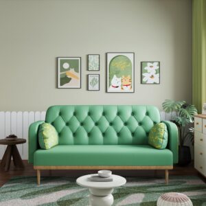 56 inch Loveseat Sofa Couch, Faux Leather Sofa for Living Room, Mid Century Modern Sofa with 2 Bolster Pillows, Tufted Seat, Small Sofa for Bedroom, Apartment, Home Office (Green, 57 Inch)