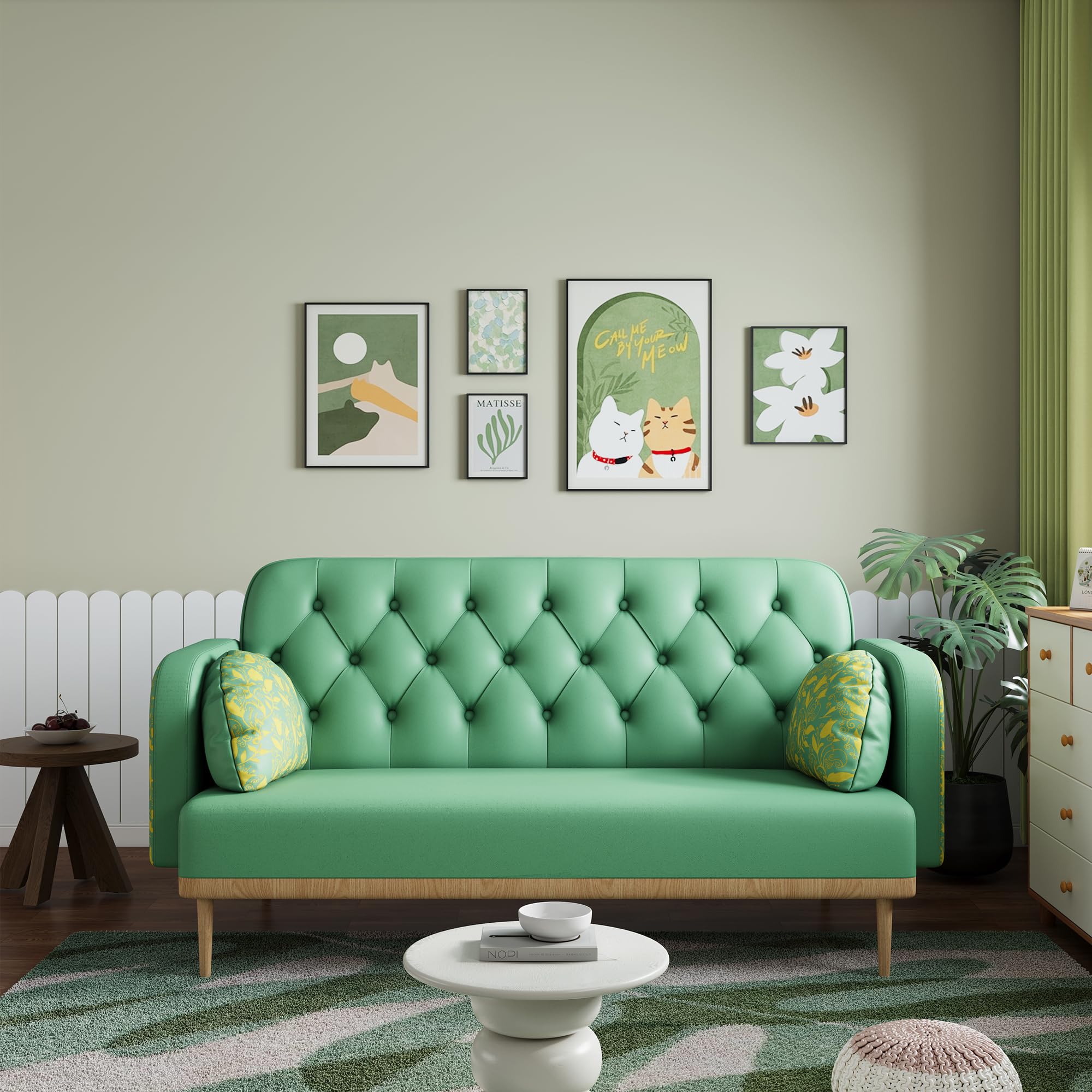 56 inch Loveseat Sofa Couch, Faux Leather Sofa for Living Room, Mid Century Modern Sofa with 2 Bolster Pillows, Tufted Seat, Small Sofa for Bedroom, Apartment, Home Office (Green, 57 Inch)