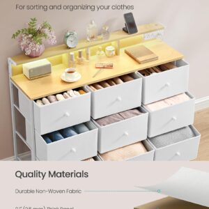 SONGMICS Dresser for Bedroom, Storage Organizer with 9 Fabric Drawers and LED Lights, Charging Station, Steel Frame, 13.2 x 44.9 x 33 Inches, Entryway, Cloud White ULTS519W01