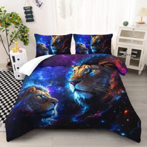 ailonen 3d lion comforter set queen size, fantasy glitter galaxy lion bedding set for kids boys,safari wild animals bed in a bag for bedroom decor,1 quilt and 2 pillowcases,3pcs