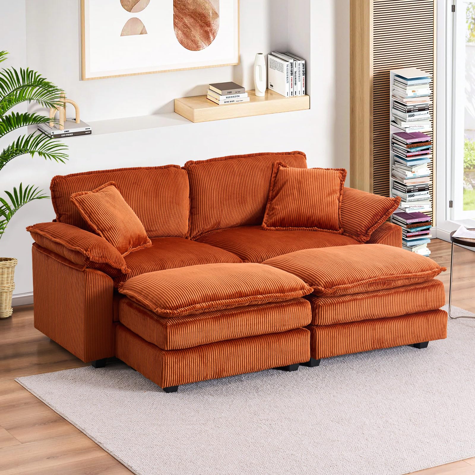 Oversized Chaise Lounge Chair Indoor with Ottoman,84.6"W Corduroy Upholstered Modern Loveseat Sofa,Deep Seat L Shaped Sectional Couch,Comfy Reclining Sleeper Chair for Living Room(2 Seater,Orange)