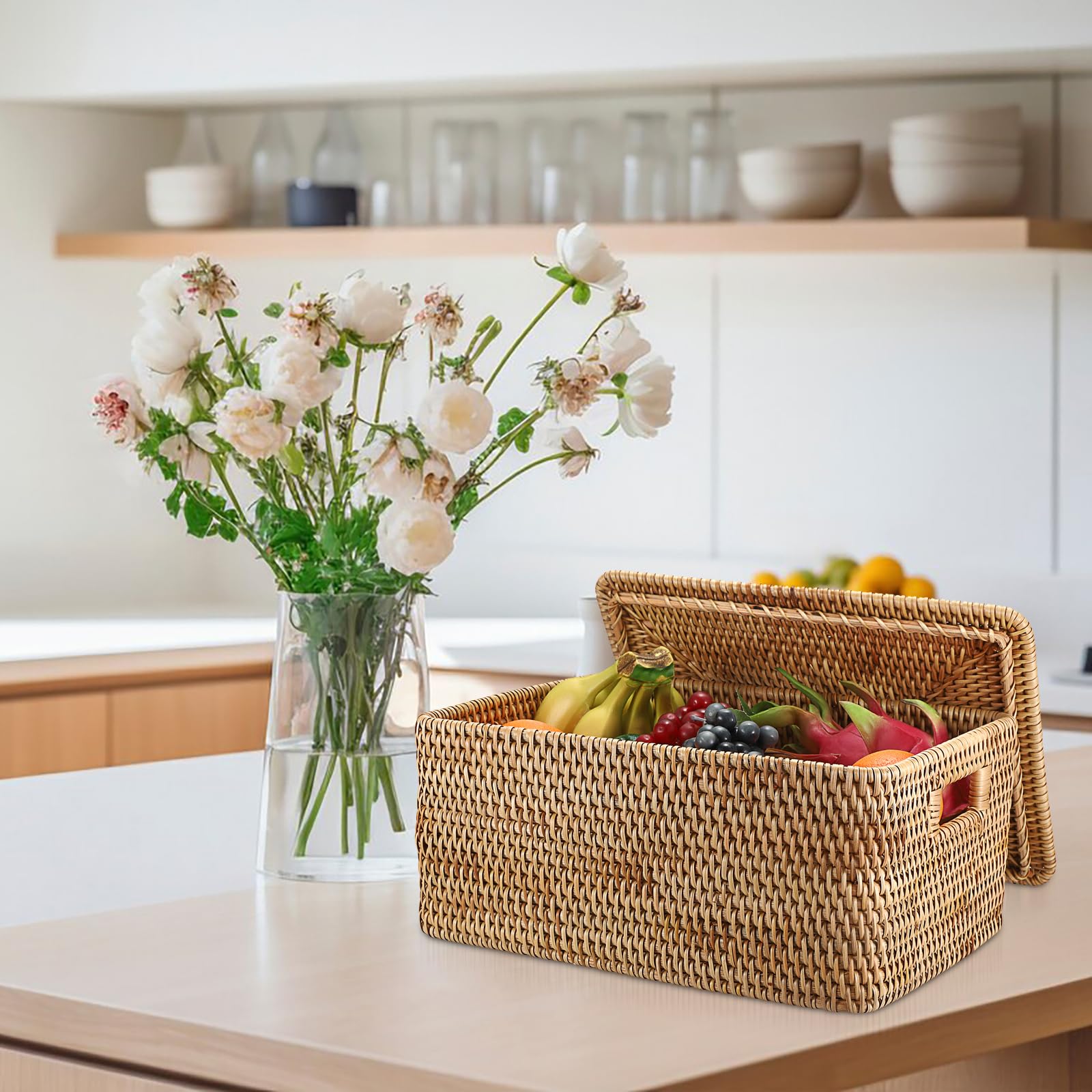 Hipiwe Rattan Basket Box for Shelf Organizing, Natural Storage Wicker Basket Bins with Handles, Large Lidded Basket Rectangular Rattan Box Handwoven Decorative Basket Box,15.1"x11.2"x7.3"