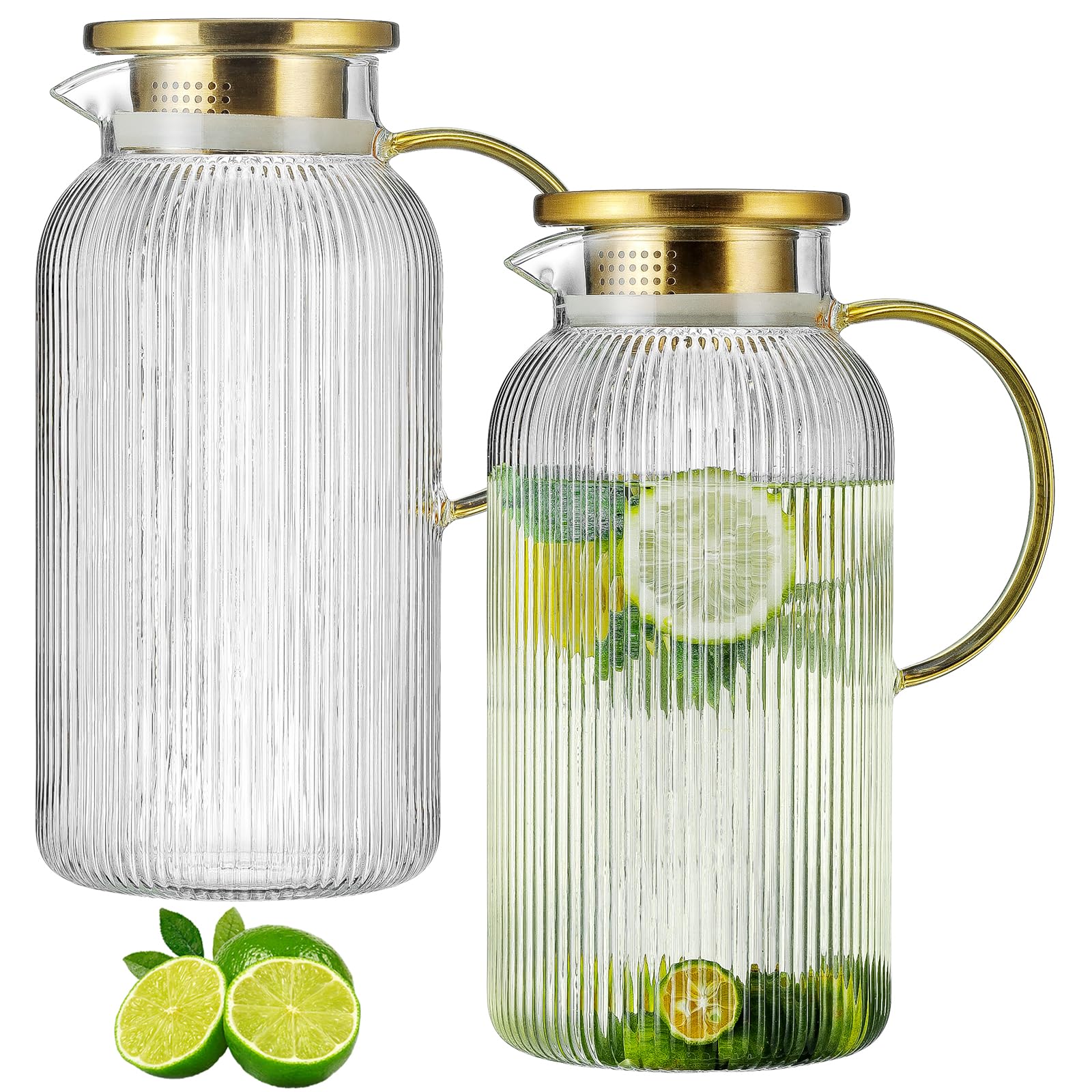 Buaic 2 PACK Glass Pitcher with Lid, 68 oz/ 2 Liter Classic Vertical Stripes Water Pitcher,Glass Water Carafe for Cold Brew, Coffee, Lemonade, Iced Tea,Beverage, Heat Resistant Water Glass Jug