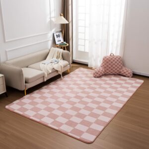 Btargot 6×9ft Light Pink Checkered Area Rug for Living Room, Princess Prince Castle Modern Abstract Checkerboard Throw Rugs Anti-Skid Fluffy Plush Carpet for Kids Boys Girls Home Nursery Decorative