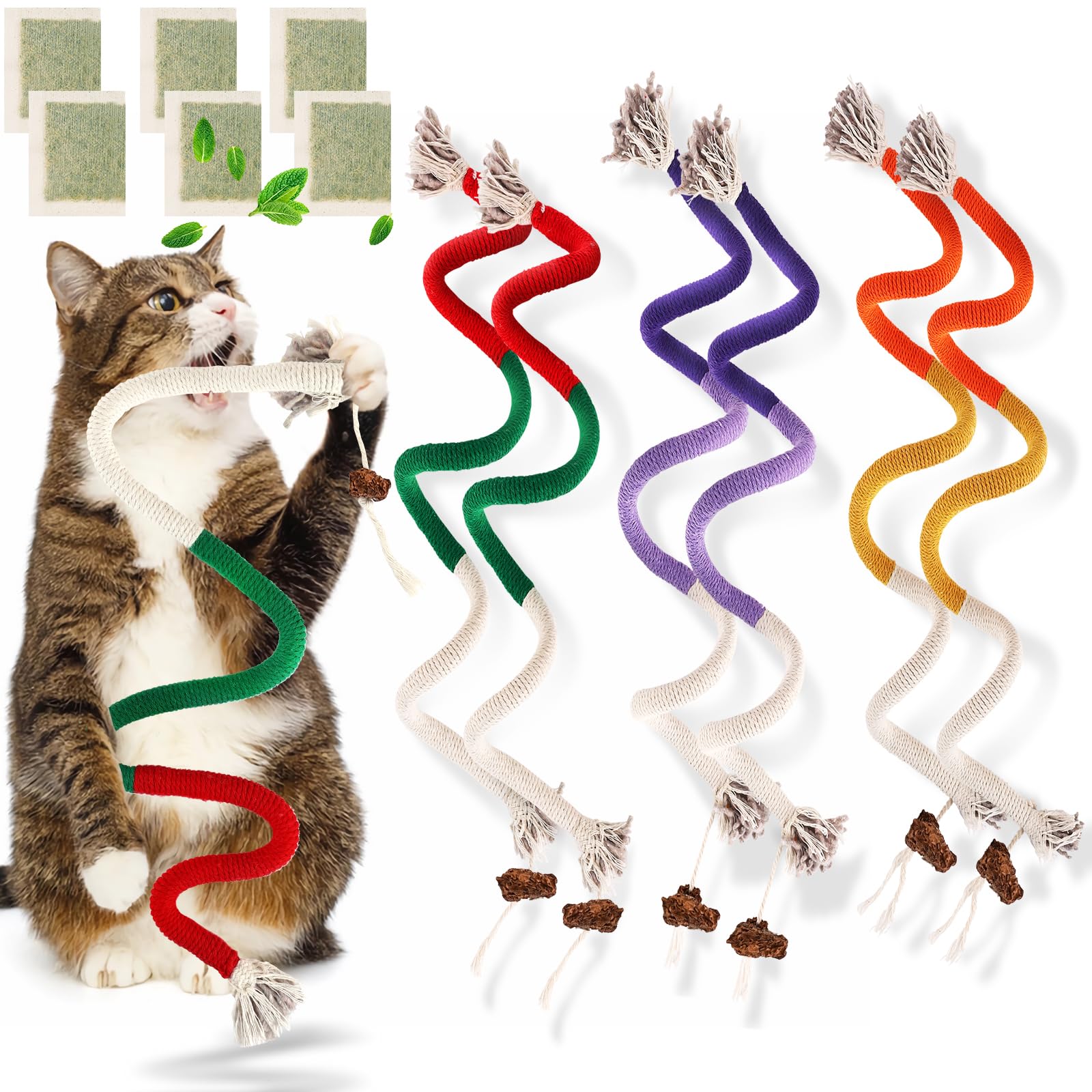 TEAWOO Sisal Rope Cat Toys, 6 Pcs Cat Chew Toy for Teeth Cleaning, 27.56 Inches Big Catnip Rope Toys for Indoor Cats, Interactive Cat Nip Teething Toys, Safe Chew Cat Toys (6 Bags of Catnip Included)