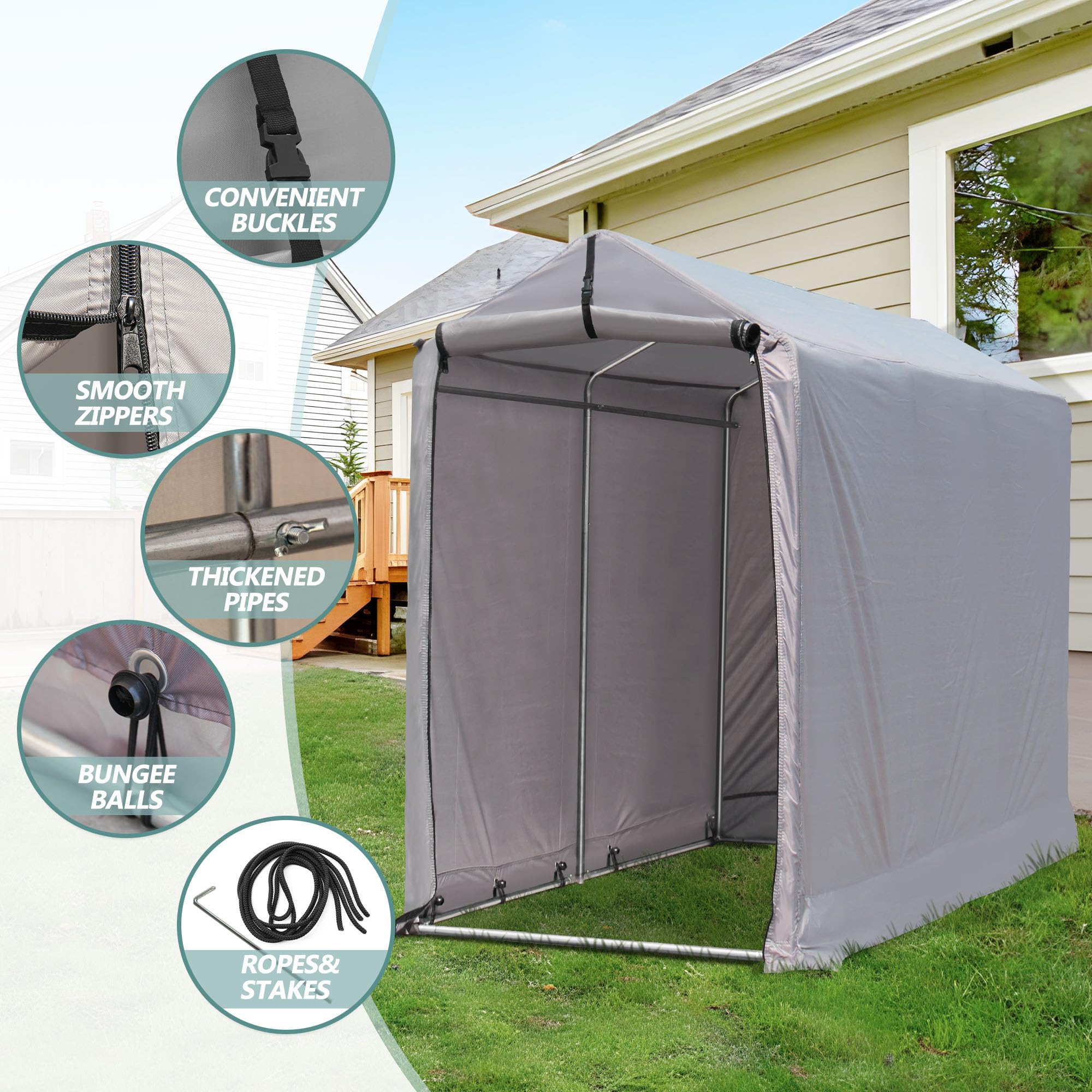 6x3 Ft Outdoor Storage Shed, Waterproof Portable Storage Shed Shelter with Roll-up Zipper Door & Ventilated Windows for Motorcycle, Bike, Tools Gray