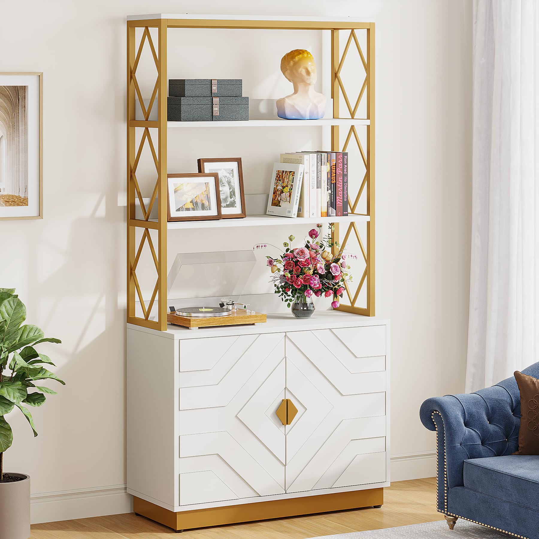 Tribesigns White and Gold Bookshelf with Doors: 70.9 Inches Tall Etagere Bookcase Set of 2, Modern Open Display Book Shelves with Metal Frame for Living Room Bedroom Office