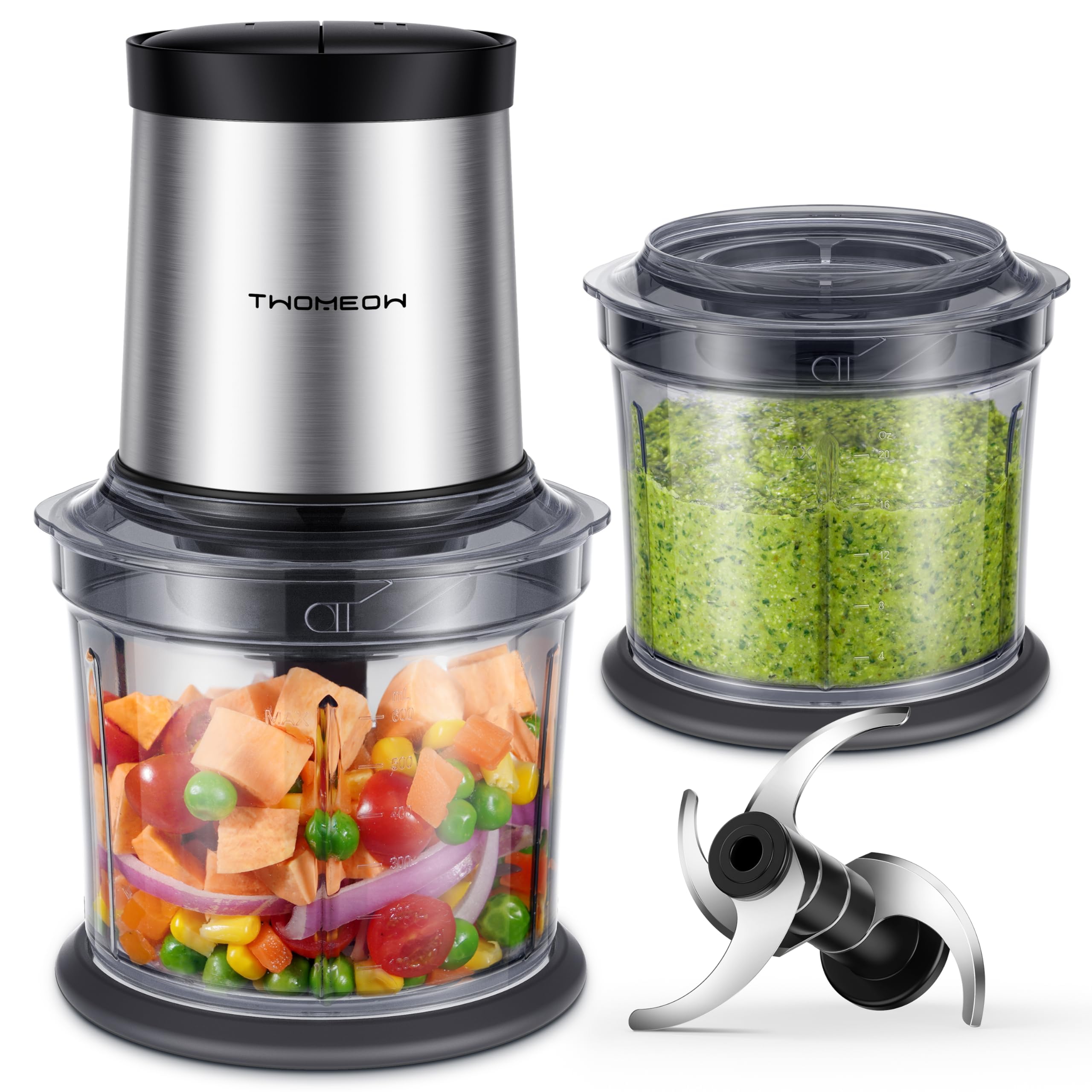 TWOMEOW Food Processor 4 Cup, Electric Food Chopper, 【Small but Powerful】Meat Grinder with 2 Bowls, 2 Speed & 4 Blades for Vegetable, Meat, Nuts, Functions for Chopping, Dicing, Mixing and Puree