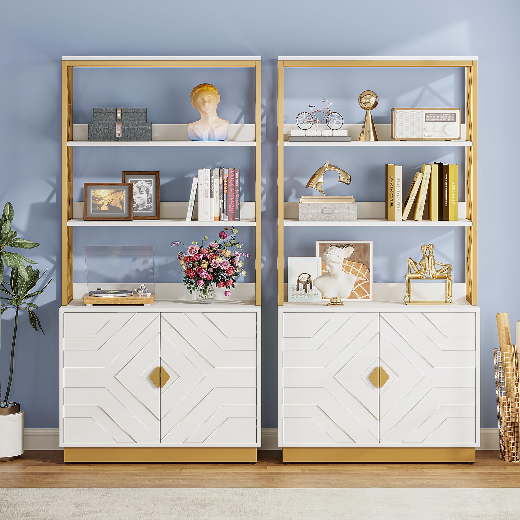 Tribesigns White and Gold Bookshelf with Doors: 70.9 Inches Tall Etagere Bookcase Set of 2, Modern Open Display Book Shelves with Metal Frame for Living Room Bedroom Office