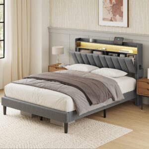 FYRENA Full Bed Frame with Storage Headboard & Footboard Modern Upholstered Platform Bed with LED Lights USB Ports & Outlets Strong Wood Slats Support No Box Spring Needed