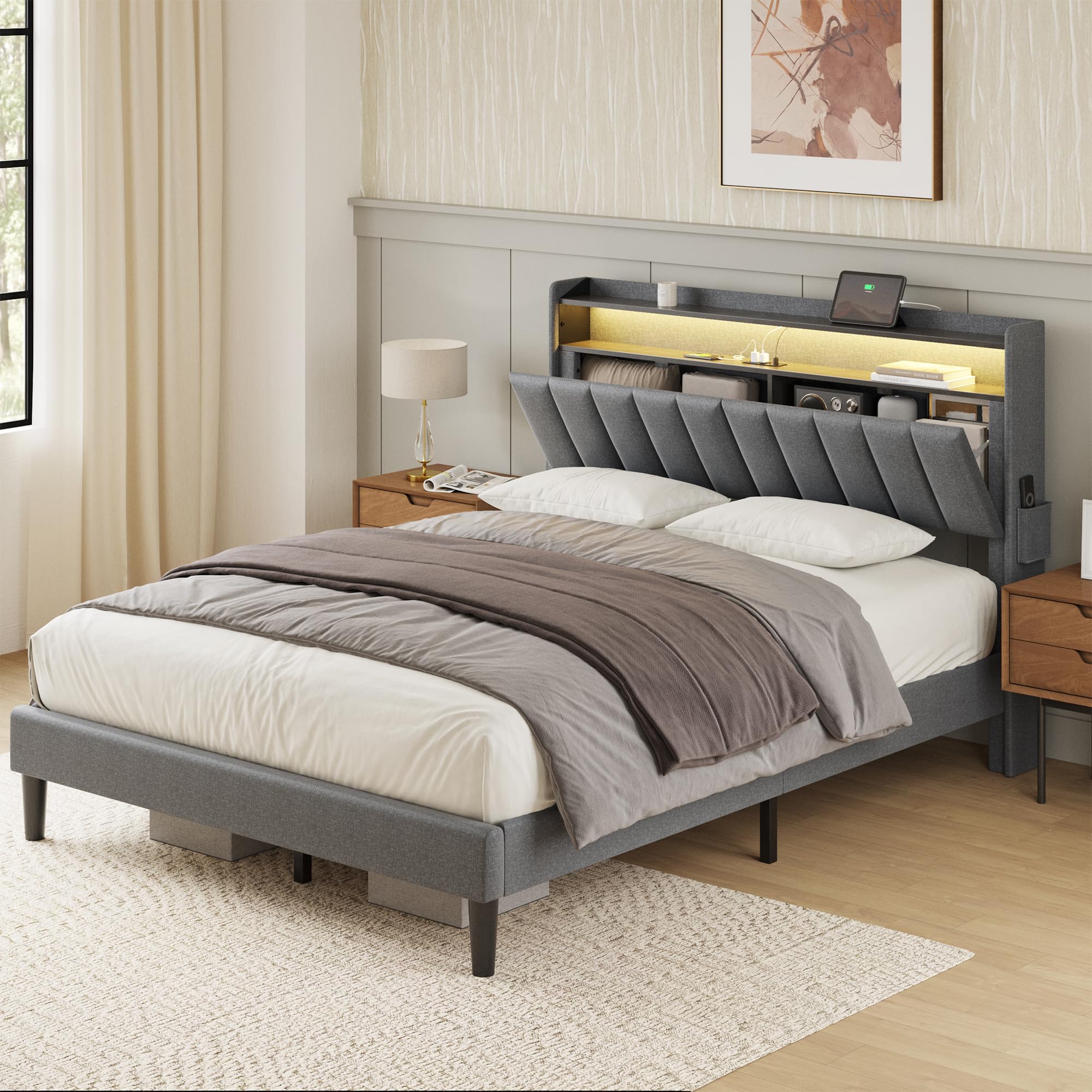 FYRENA Full Bed Frame with Storage Headboard & Footboard Modern Upholstered Platform Bed with LED Lights USB Ports & Outlets Strong Wood Slats Support No Box Spring Needed