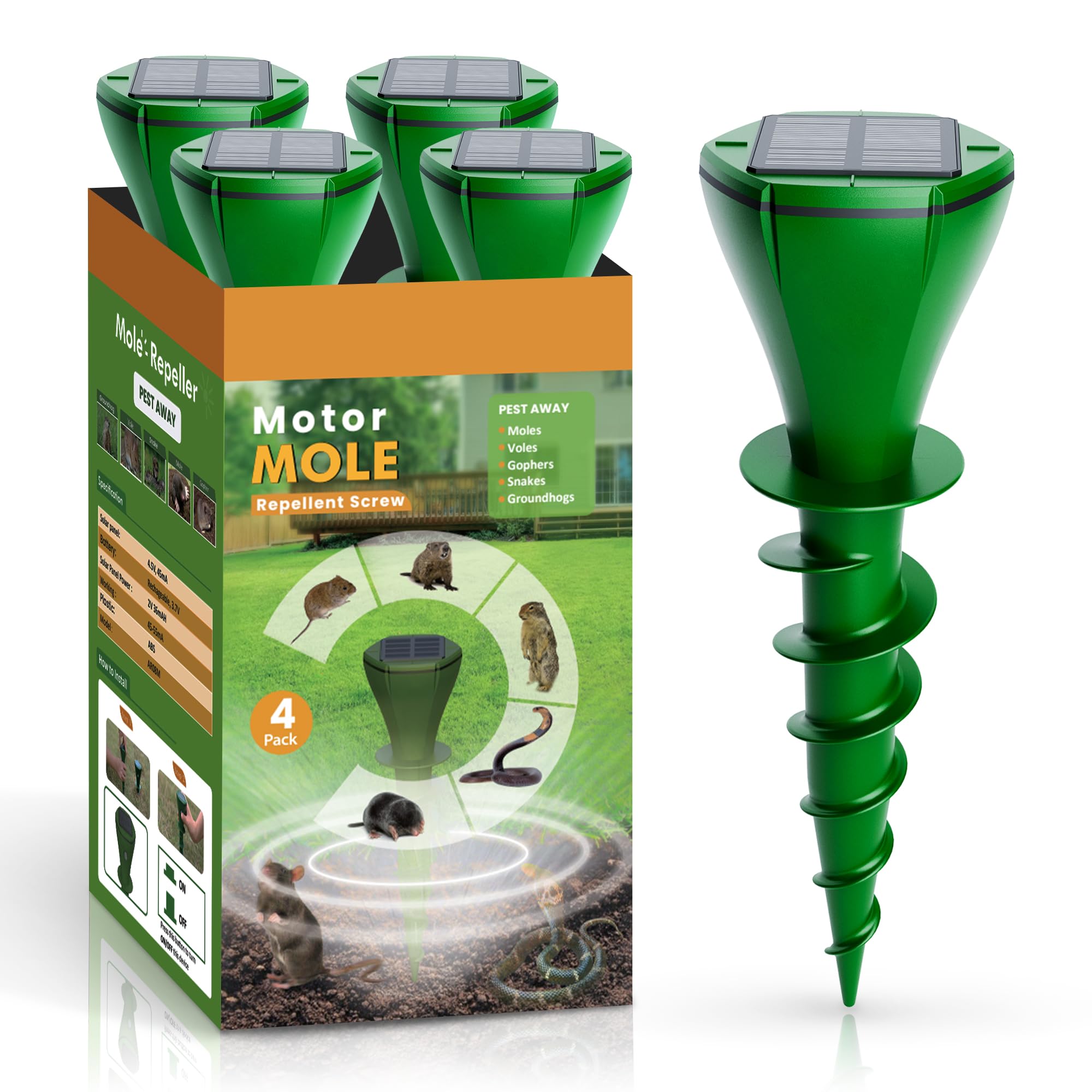 ReOasis Solar Powered Mole Trap with Screw-Shape Stakes, 4 Pack Mole Repellent for Lawns, Ultrasonic Mouse Repellent, Snake Gopher Vole Repellent for Outdoor, Garden, Lawn, Yard, Farmland