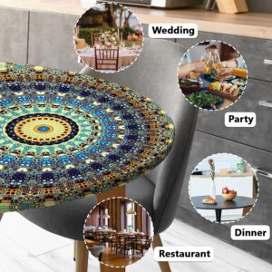 Round Fitted Tablecloth with Elastic Round Outdoor Tablecloths Fitted Table Covers for Round Tables Waterproof Reusable Vinyl Table Cloth for Indoor and Outdoor (Teal, S-(36''-44''))