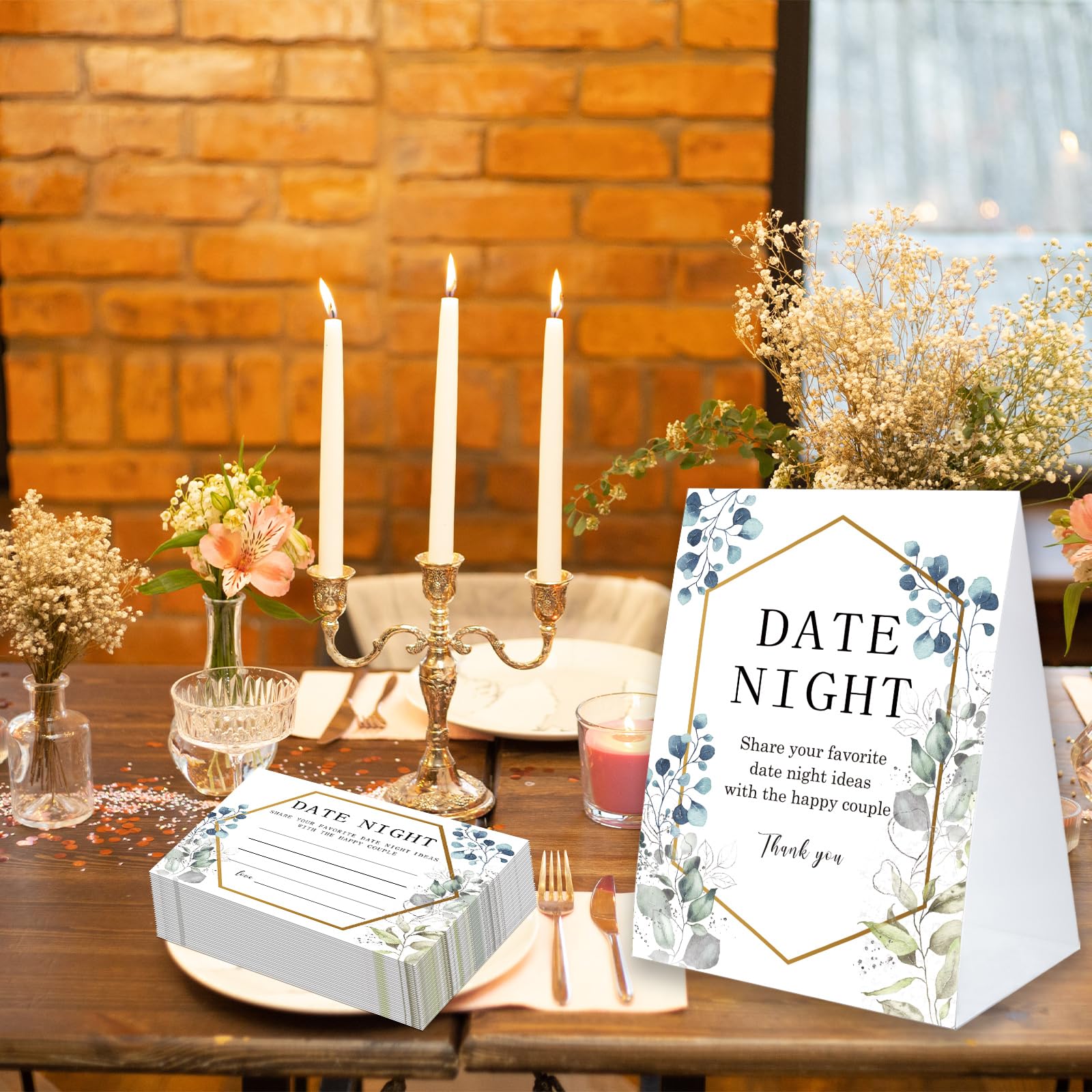 Eucalyptus Bridal Shower Games Date Night Sign, 1 Date Night Sign and 50 Date Night Cards, Bridal Shower Decorations, Wedding Shower Game-DNYH08