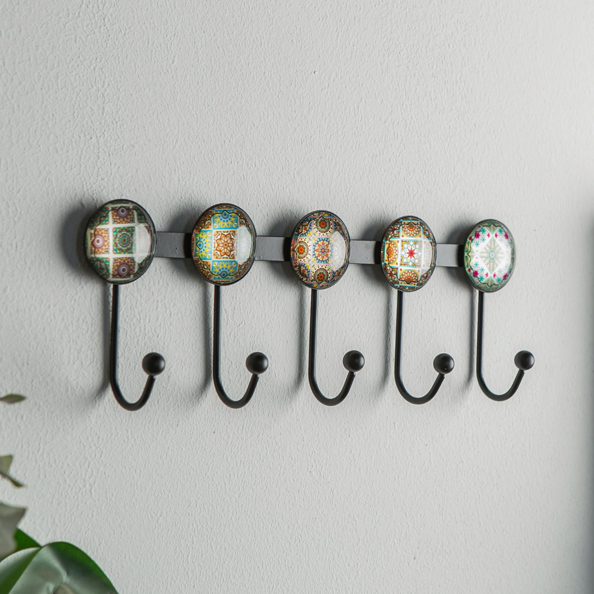 Banllis Boho Coat Rack Wall Mounted with 5 Hooks, Forest Theme Mandala Pattern Decorative Wall Hooks for Hanging Hat, Key, Towel, Purse, Bag, and Robe - for Entryway, Bathroom, and Kitche