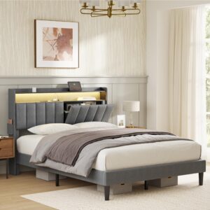 fyrena full bed frame with storage headboard & footboard modern upholstered platform bed with led lights usb ports & outlets strong wood slats support no box spring needed