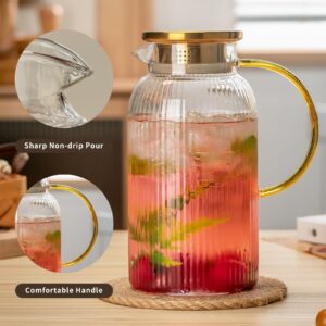 Buaic 2 PACK Glass Pitcher with Lid, 68 oz/ 2 Liter Classic Vertical Stripes Water Pitcher,Glass Water Carafe for Cold Brew, Coffee, Lemonade, Iced Tea,Beverage, Heat Resistant Water Glass Jug