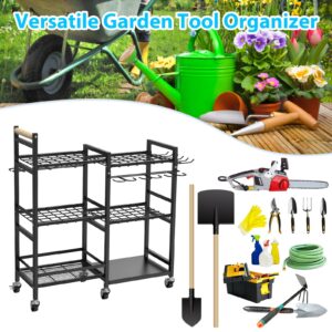 NADAMOO Large Garden Tool Organizer with Rolling Wheel, 3-Tier Metal Shelf Yard Tool Holder, Utility Stand Rack for Garage Organization and Storage, Hold Long-Handled Rakes, Shovel, Broom