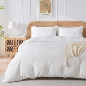 jellymoni white duvet cover queen size, 3 pieces soft microfiber & rayon derived from bamboo duvet cover set, breathable cooling duvet cover with zipper closure