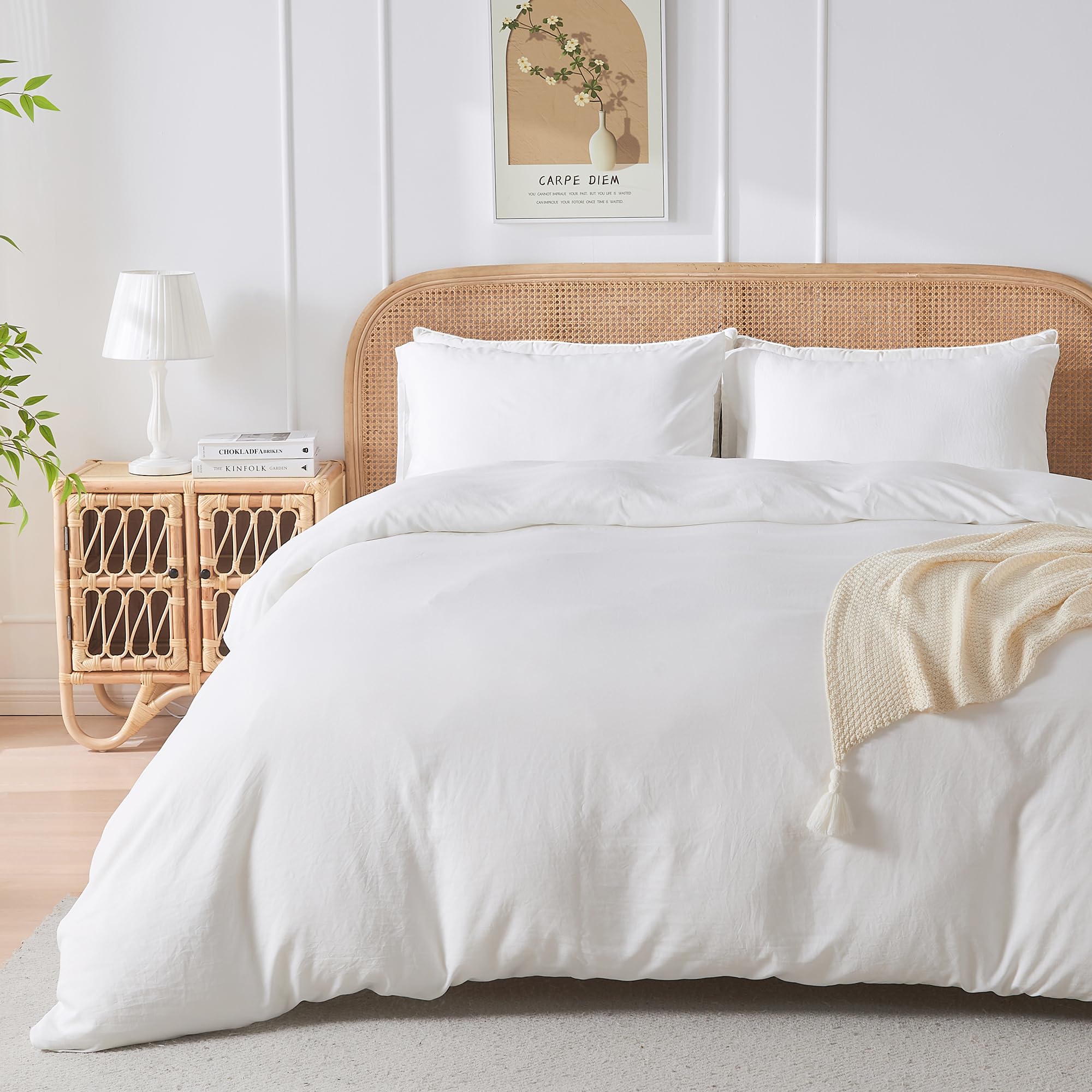 JELLYMONI White Duvet Cover Queen Size, 3 Pieces Soft Microfiber & Rayon Derived from Bamboo Duvet Cover Set, Breathable Cooling Duvet Cover with Zipper Closure