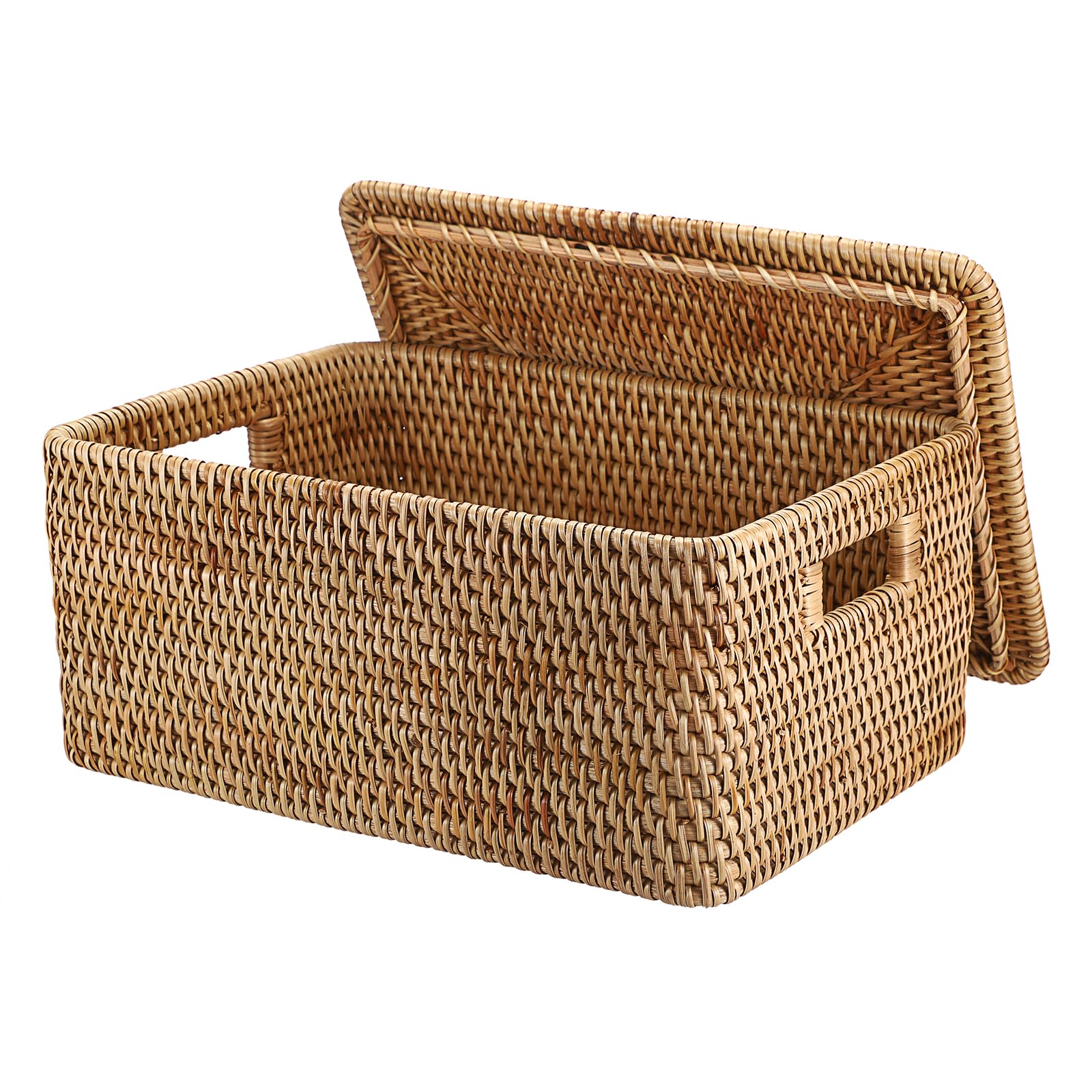 Hipiwe Rattan Basket Box for Shelf Organizing, Natural Storage Wicker Basket Bins with Handles, Large Lidded Basket Rectangular Rattan Box Handwoven Decorative Basket Box,15.1"x11.2"x7.3"