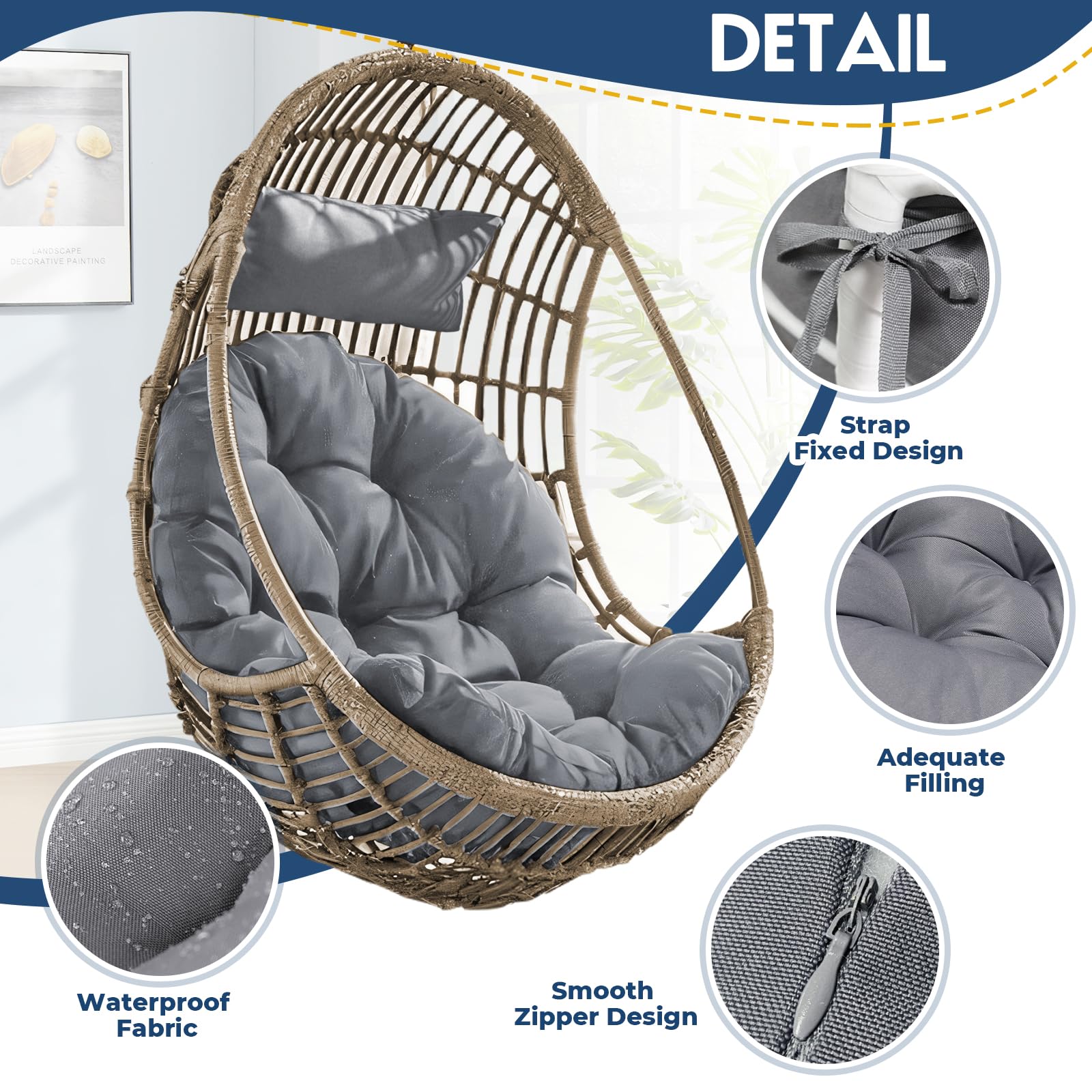 DANGHOOGY Outdoor Egg Chair Cushion, Waterproof Cushion Replacement, 47x40x7 Inches Hanging Chair Cushion, U-Shaped Egg Swing Cushion with Headrest (Grey)