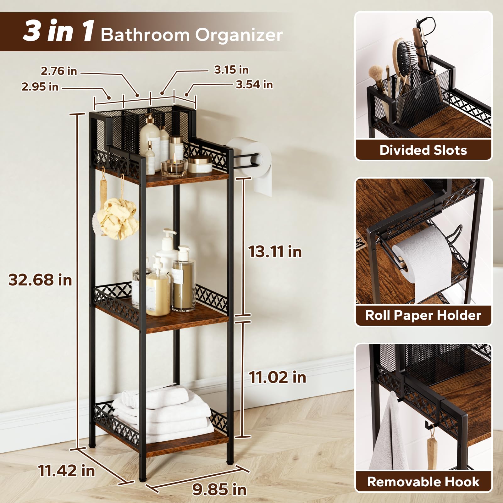 FURFUN Bathroom Storage Trays Organizer Shelf, 3-Tier Slim Metal Stand with Toilet Paper Holder, Corner Rack for Kitchen, Bedroom, Office, Laundry Room, Small Narrow Spaces