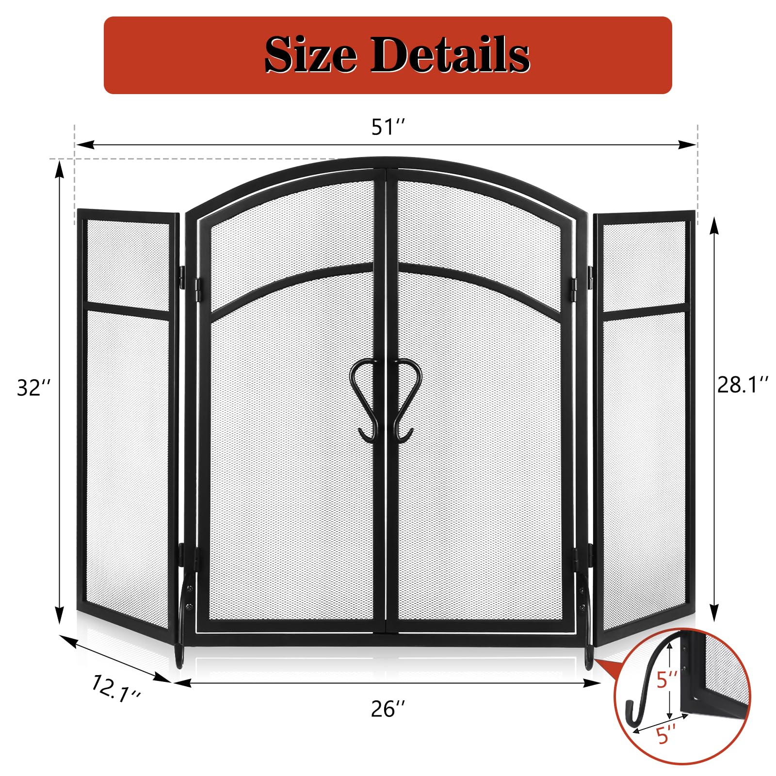 Gtongoko 3 Panel Fireplace Screen with Doors 51" W x 32" H Wrought Iron Extra Large Fireplace Screen Decorative Fire Spark Guard Grate for Living Room Home Decor - Black