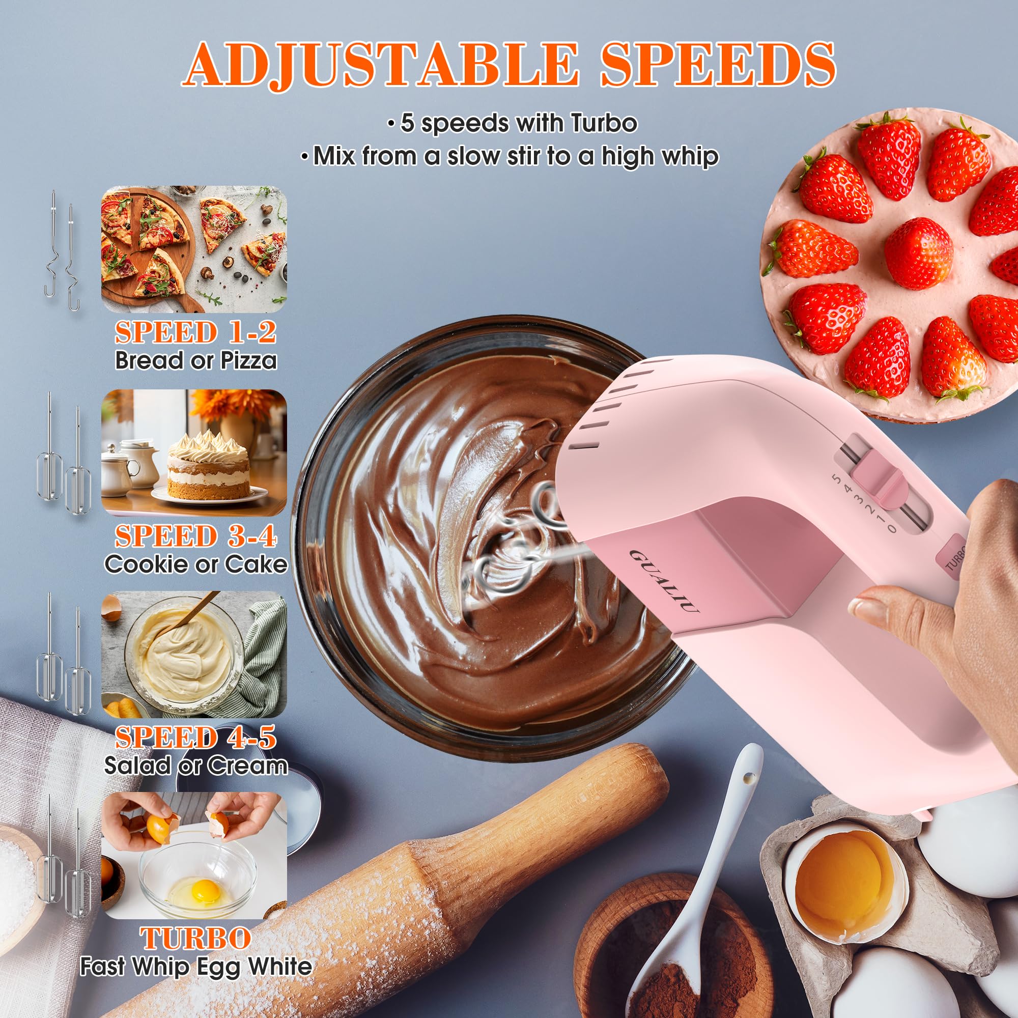 GUALIU 450W Electric Hand Mixer, 5-Speed Electric Mixer Food Mixer with 304 Stainless Steel Whisk Beaters, Dough Hooks & Storage Bag, Cake Mixer Handheld Mixer for Baking & Cooking, Turbo Boost/Pink