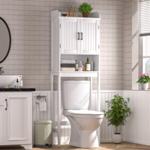 yardenaler over-the-toilet storage shelf with doors, bathroom freestanding space saver organizer with adjustable shelf, white