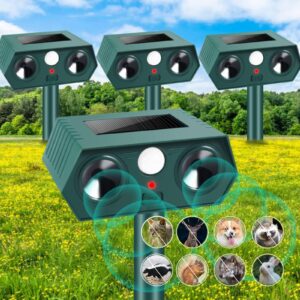 4 pcs ultrasonic cat repellent outdoor solar ultrasonic animal repellent for cat dog deer raccoon rabbit skunk squirrel, waterproof deer repellent devices animal deterrent with motion sensor for yard