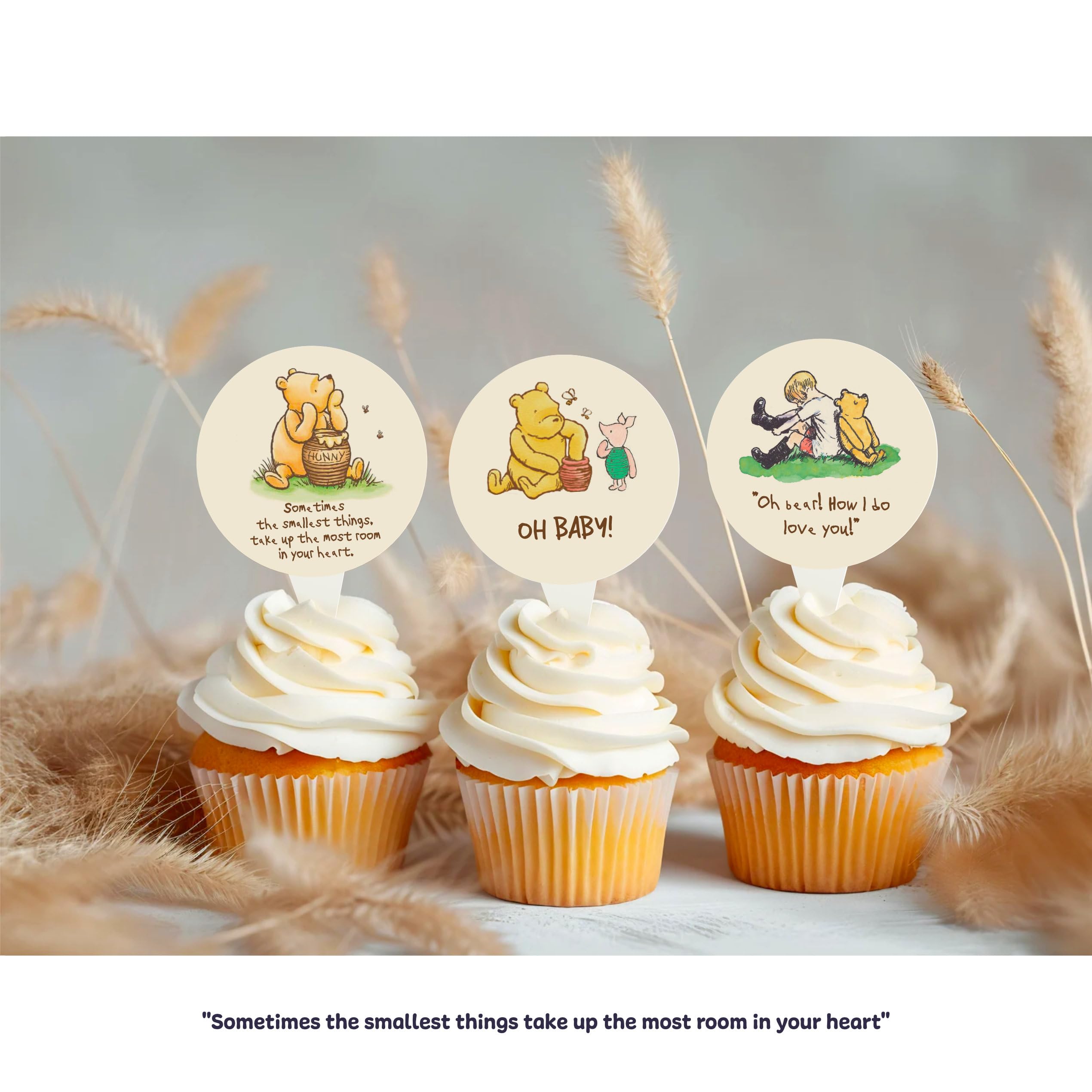 WEECUTES® Winnie Baby Shower Decorations Cupcake Toppers Classic Pooh Quotes 1 st Birthday Party Supplies For Kids Dessert Favor Cake Decor 48 Pcs