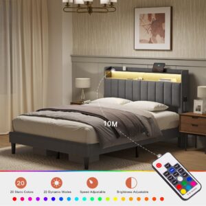 FYRENA Full Bed Frame with Storage Headboard & Footboard Modern Upholstered Platform Bed with LED Lights USB Ports & Outlets Strong Wood Slats Support No Box Spring Needed