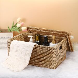 Hipiwe Rattan Basket Box for Shelf Organizing, Natural Storage Wicker Basket Bins with Handles, Large Lidded Basket Rectangular Rattan Box Handwoven Decorative Basket Box,15.1"x11.2"x7.3"